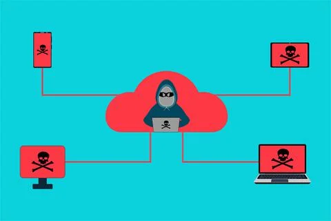 Hacking digital devices using the online server concept. Hackers use cloud se Stock Illustration