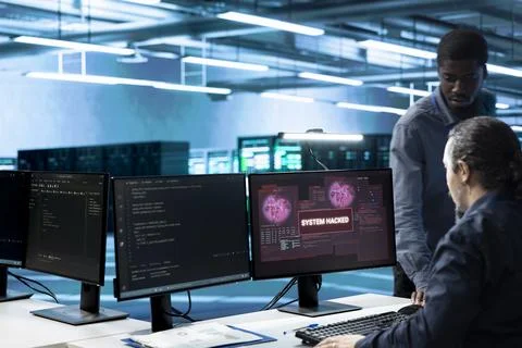 Hacking, engineers and cybersecurity in data center Stock Photos