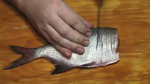 Hacking fish bones Stock Footage 36004980