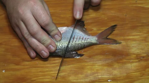 Hacking fish bones before frying Stock Footage 36005016