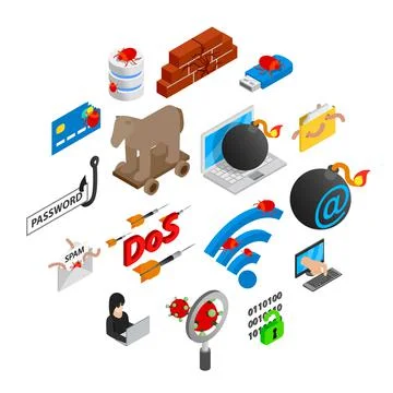 Hacking icons set, isometric 3d style Stock-Illustration
