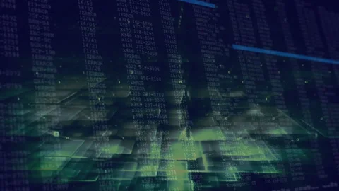 Hacking interface showing green code columns streaming, with error lines and Stock Footage 307464455