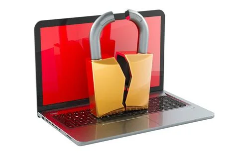 Hacking laptop, concept. Notebook computer with Broken Padlock, 3D renderi... Stock Photos