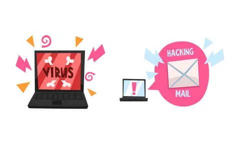 Hacking Mail and Virus on Laptop Breaking Mobile Security Vector Set Stock-Illustration