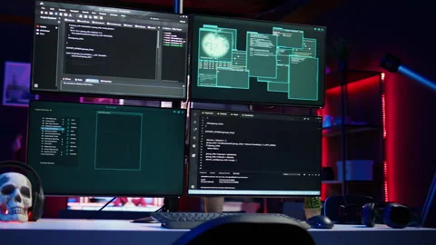 Hacking malware programming script on monitors in underground base Video stock 275751021