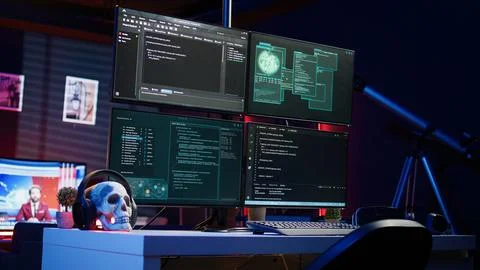 Hacking malware programming script on monitors in underground base Stock Photos