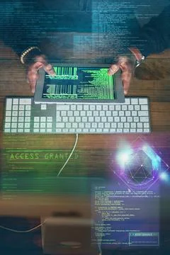 Hacking, man hands and tablet screen with gaming software, code access and 스톡 사진
