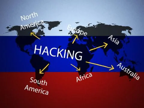 Hacking Map Over Russian Flag 3d Illustration Ilustração Stock