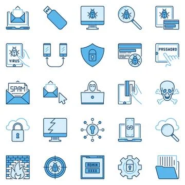 Hacking or Hacker colored icons. Vector computer virus signs Stock-Illustration