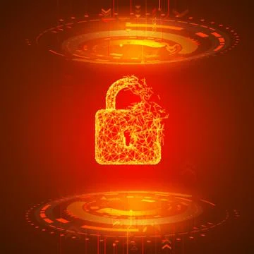 Hacking program or network. Broken padlock on red technology background. Aler Stock Illustration