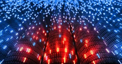 Hacking red and blue digital binary code matrix 01 background. Stock Illustration