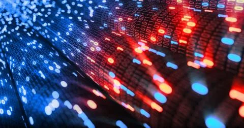 Hacking red and blue digital binary code matrix 01 background. 库存插图