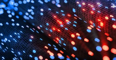 Hacking red and blue digital binary code matrix 01 background. Stock Illustration