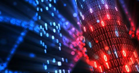 Hacking red and blue digital binary code matrix 01 background. Stock Illustration