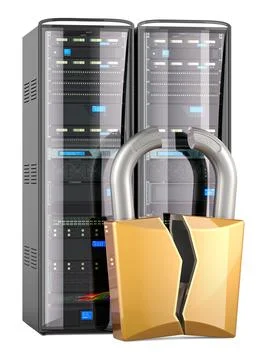 Hacking server, concept. Computer server rack with Broken Padlock, 3D renderi Stock Illustration