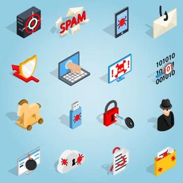 Hacking set icons, isometric 3d style Illustrazione stock