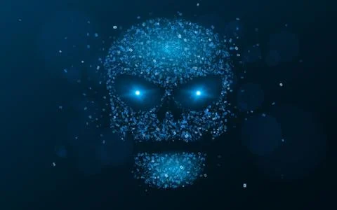Hacking system. An abstract, luminous skull of blue color from a binary cod.. Иллюстрация