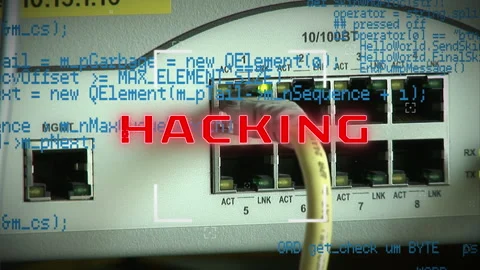 Hacking text against internet cable plugged in server Stock Footage 139530861