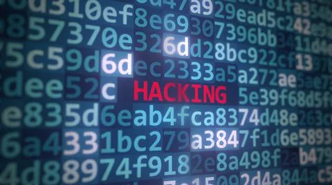 HACKING text and source code on the computer monitor, 3D rendering Illustrazione stock