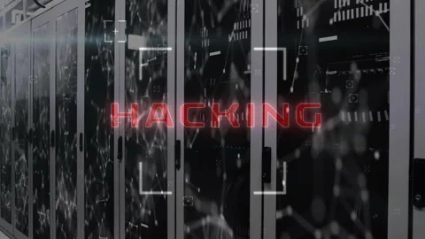 Hacking text animation over server racks and digital network connections Stock Footage 305431546