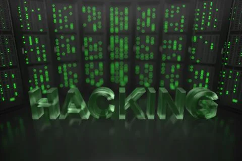 HACKING text on server room background. Conceptual 3D rendering Stock Illustration