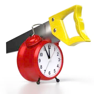 Hacksaw in an alarmclock, isolated on white background. 3D rendering Stock-Illustration