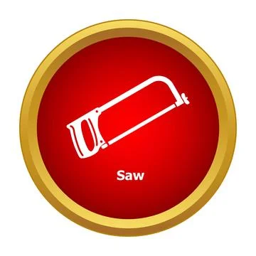Hacksaw tool icon on a red round button with a golden border Stock Illustration