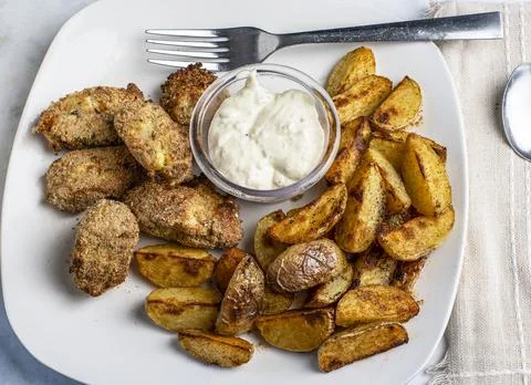 Haddock  bites  with potato wedges Stock Photos