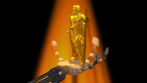 Hades, Lord of the Underworld, in robot hands ,Gold Stockbeeldmateriaal 332394739