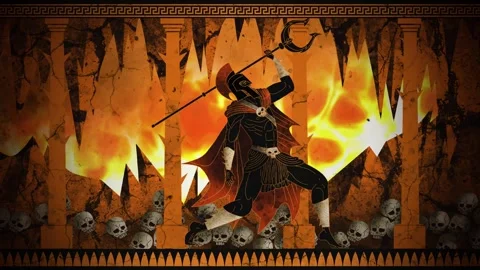 Hades ruling the underworld surrounded by flames and darkness Stock Footage 342363896