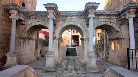 Hadrian Gate, also known as the Uc Kapilar, at the entrance to Antalya Old Town Stock Footage 328032860