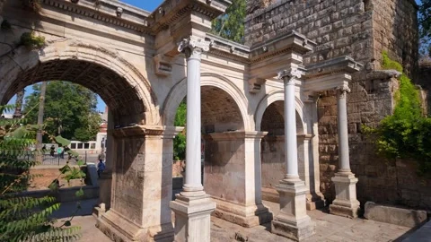 Hadrian Gate, also known as the Uc Kapilar, at the entrance Stock Footage 344375653