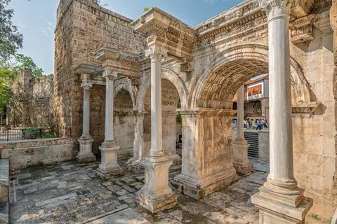 Hadrian Gate, also known as the Uc Kapilar, at the entrance to Antalya Old .. Stock Photos