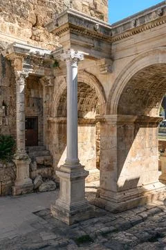 Hadrian Gate, also known as the Uc Kapilar, at the entrance to Antalya Old .. Stock Photos