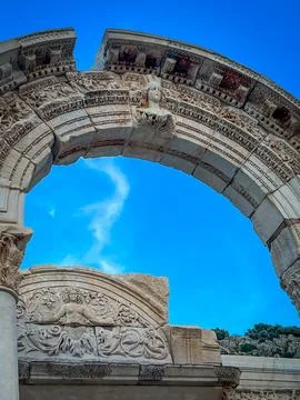 Hadrian Temple Arch Frames Vivid Blue Sky in Ephesus Stock Photos