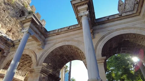 Hadrian’s Gate with close-up of marble columns and carvings in Antalya Video stock 317743299