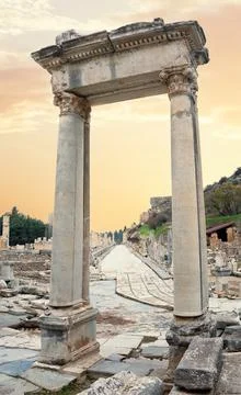Hadrian's Gate at Library of Celsus at sunset Stock Photos