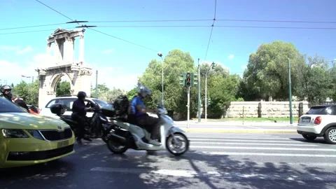 Hadrian's gate without tourists and with traffic Stock Footage 145765951