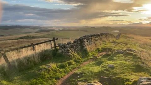 Hadrian's Wall or Roman Wall near Steel Rig, Northumberland, England, UK Stock Footage 285180583