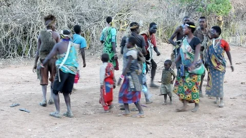 Hadzabe tribe people dancing Stock Footage 120202121