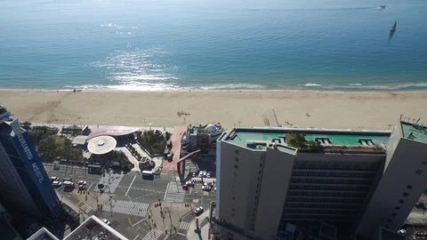 Haeundae beach in Busan, aerial view Stock Footage 101001053