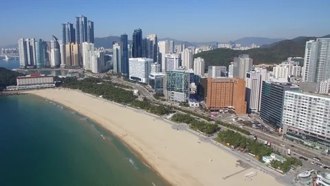 Haeundae beach in Busan, aerial view Stock Footage 101001097