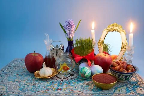 Haft-sin table representing nowruz persian new year tradition Stock Photos