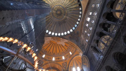 Hagia Sofia, Ayasofya interior in Istanbul, Turkey, Byzantine architecture, city Stock Footage 129875397