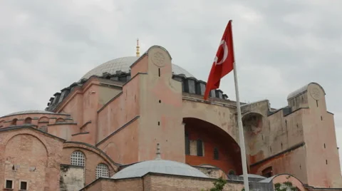 Hagia Sofia Facade with Turkish Flag Stock Footage 57756052