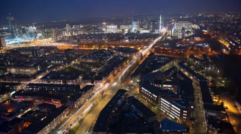 The Hague in the Netherlands,  traffic at night from above Stock Footage