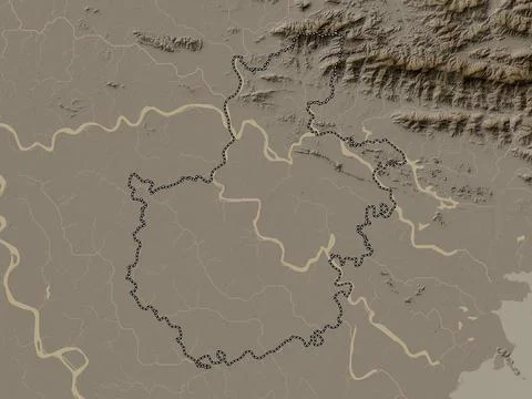 Hai Duong, Vietnam. Elevation map colored in sepia tones with lakes and river Stock Illustration
