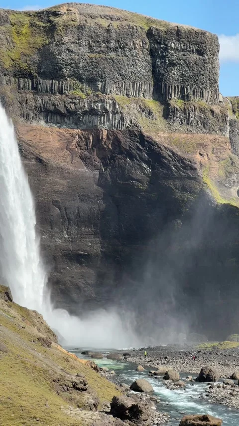 Háifoss waterfall plunging with full force into a rocky basin near Hekla volcano Video stock 312232726