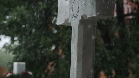 Hail And Heavy Rain Falling On A Cross In Slow Motion 4k 01 Vídeo Stock 88054034