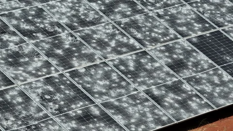 Hail Damaged Solar Farm Panels in Close Aerial View 4K60 Stock Footage 331764338